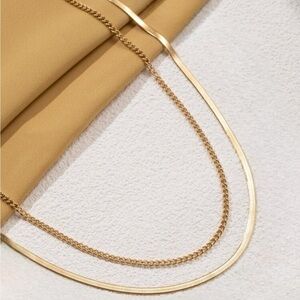 14k Gold Plated Herringbone and Flat Curb Chain Necklace Set